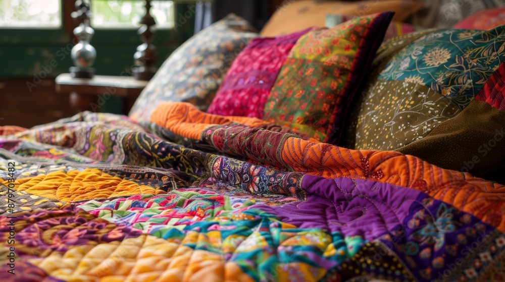 Poster a cozy quilt with intricate patterns and vibrant colors, adding warmth and a burst of color to any r