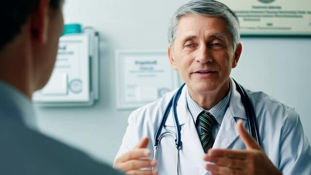 A sophisticated physician looks nice as they converse with an invisible patient.