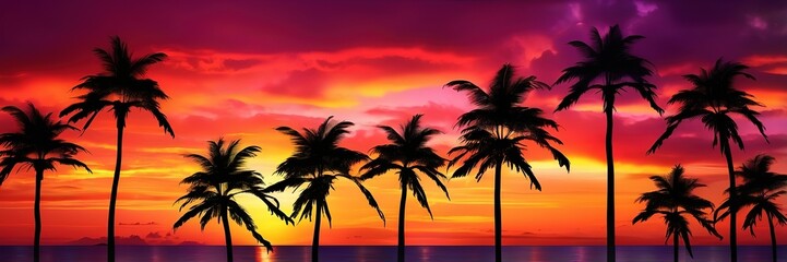 silhouettes tropical Palm trees on colorful ocean