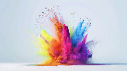 Obraz premium Colorful Holi powder explosion creating a rainbow effect against a clean white background, photographed in HD