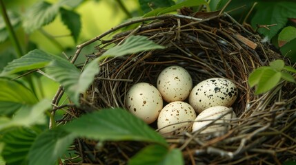 Obraz premium Mourning dove nest showcasing smooth, cream-colored eggs in a natural setting