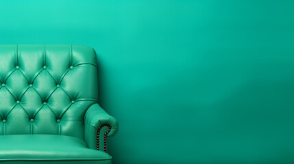 Retro mint green leather armchair against mint green background, vintage vibe, copy space