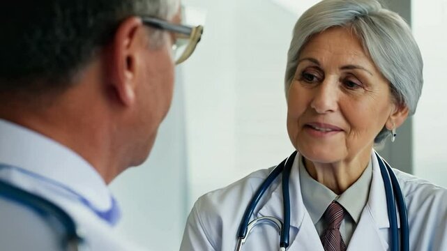 A sophisticated physician looks nice as they converse with an invisible patient.