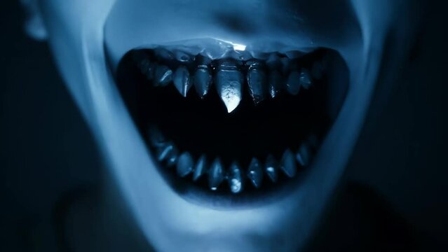 eerie glow of sharp vampire fangs in the dark