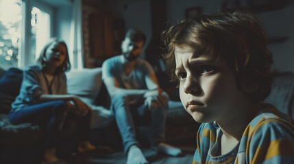A family in the middle of an argument, with the child sitting alone and sad, photographed in high definition