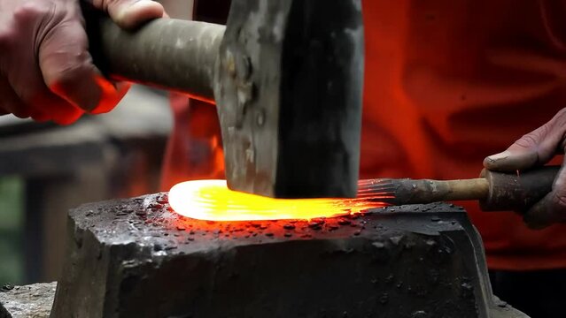 Traditional blacksmith forging hot metal on anvil