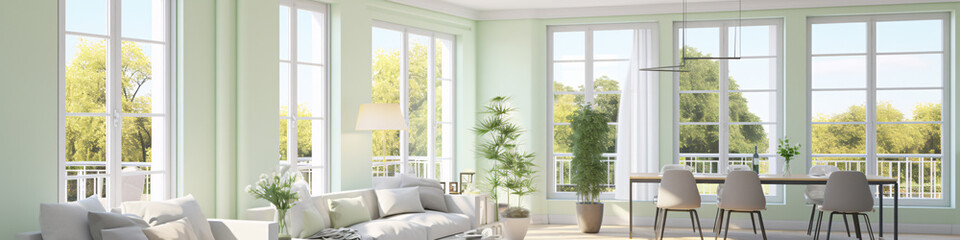 Fototapeta premium Bright airy home interior with large windows, white walls, and stylish furniture in a minimalist style, the image evokes a sense of peace and tranquility.