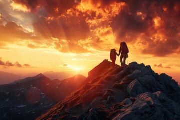 Against the backdrop of a fiery sunset, a male and female hiker ascend a mountain, their outstretched hands symbolizing unity and perseverance.