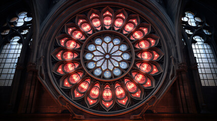 Stunning stained glass window in a gothic cathedral, bathed in warm sunlight, conveying a sense of awe and spirituality.