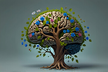 A tree full of leaves and flowers designed in the shape of a human brain. Mental health concept.