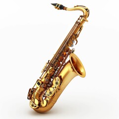 Golden Saxophone Isolated on White Background - Musical Instrument Close-Up with Detailed Keys and Brass Finish