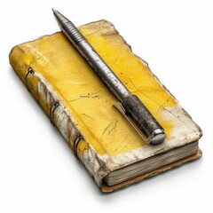 Vintage Notebook with Pen on White Background - Aged Paper and Rustic Writing Instrument