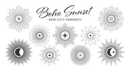 Vintage sunburst, sunset beams collection. Boho style, modern minimalist bohemian design. Hand drawn bursting sun, light rays. Logotype or lettering design element in retro style. Vector illustration