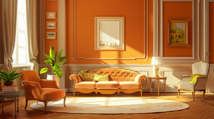 Comfy orange living room with vintage furnitures and warm sunlight shining through the window