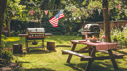 A backyard set up for an Independence Day BBQ bash with a grill, picnic table, and American flag decor