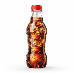 Refreshing Cold Soda in Plastic Bottle with Ice Cubes and Bubbles Isolated on White Background