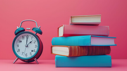 An alarm clock next to a stack of educational books on a pink background, captured in high definition