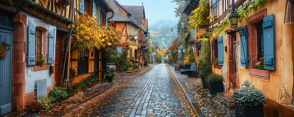 A quaint cobblestone street lined with charming shops, cafes, and old-fashioned buildings.