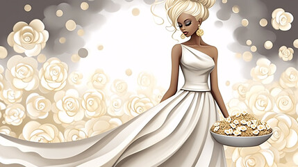 Graceful black woman in a white dress holding a bowl of popcorn against a beige background with white roses.