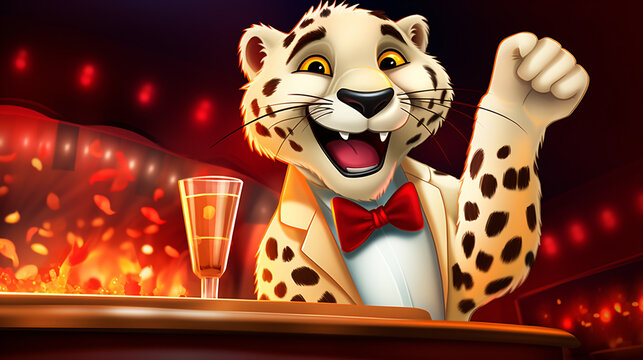 A cartoon illustration of a happy, anthropomorphic snow leopard in a tuxedo, raising a martini glass in a toast, with a fiery, red background.