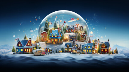 A whimsical winter wonderland scene with a snow-covered village inside a glass bubble, surrounded by snow-capped mountains and twinkling lights, evokes a sense of nostalgia and enchantment.
