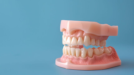 Obraz premium Dental jaw model showcasing prosthetic teeth, gums, and roots over a blue background, captured in closeup detail