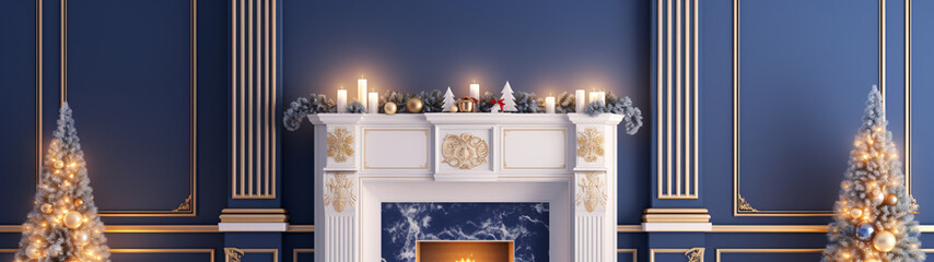Blue and gold Christmas. Fireplace with candles and Christmas trees.