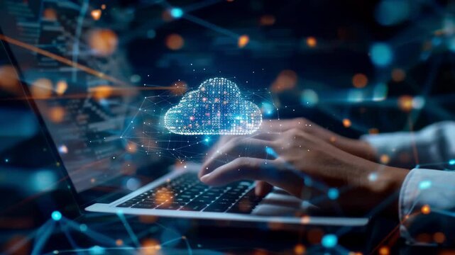 Person using laptop with cloud technology and networking connections. Concept of modern technology, data storage, and digital network.