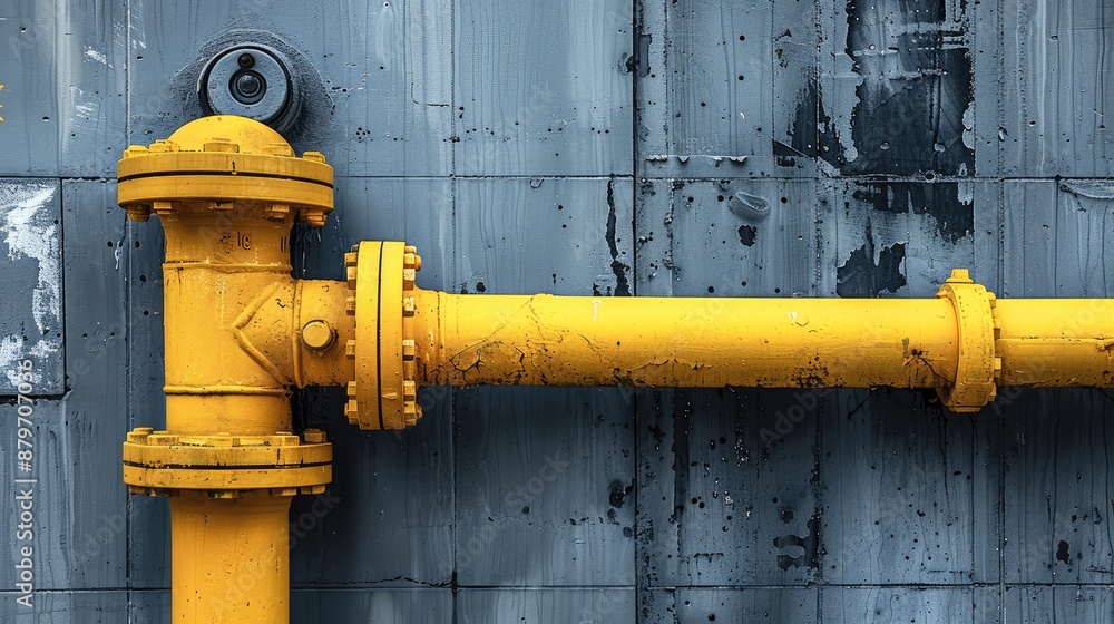 Poster Emphasize the architectural nuance of a new small yellow water pipe on a gray concrete wall corner, contributing to the textured background of the building facade. Generative AI.