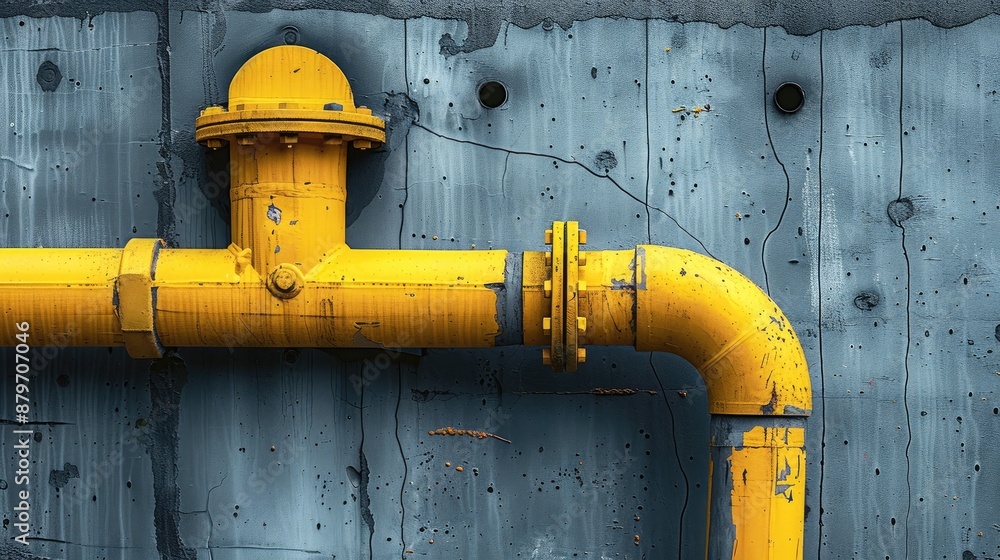 Aufkleber emphasize the architectural nuance of a new small yellow water pipe on a gray concrete wall corner, 