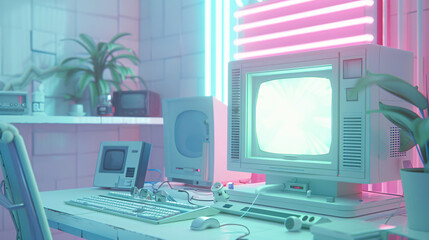 Nostalgic 80s computer setup in soft lighting with pink and blue neon glow, retro futurism, synthwave, and cyberpunk vibes.