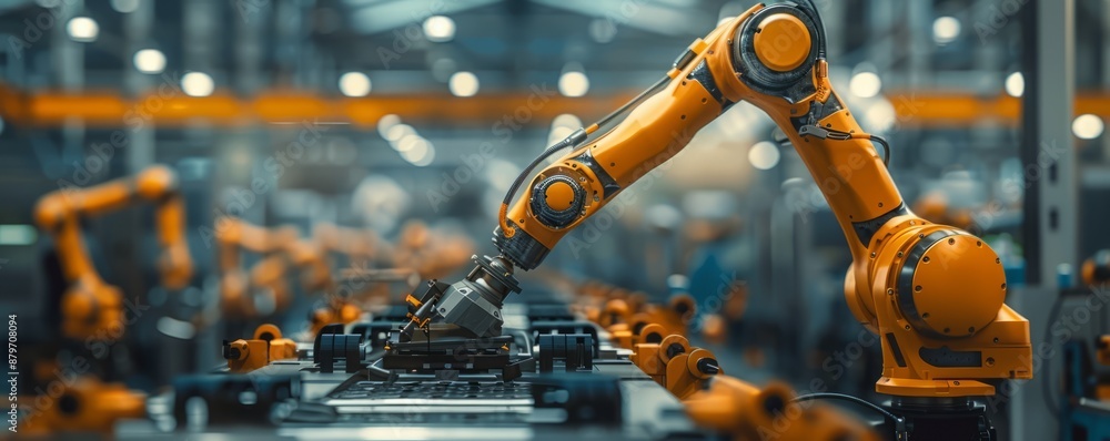 Poster a robot arm assembling a complex piece of machinery, its movements precise and efficient.