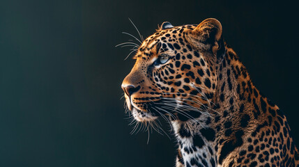 Fototapeta premium Close up portrait of a wild leopard with dark background ,looking away , in profile ,with intense blue eyes ,and a mysterious expression