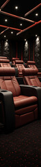 Comfortable red leather theater seats in a modern home cinema with red ambient lighting