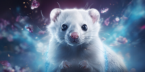 Cute and magical white ferret with big eyes and shiny fur sitting in a blue and purple ethereal mist