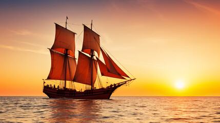 Fototapeta premium Vintage sailboat with orange sails glides over calm sea at sunset