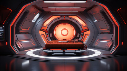 Futuristic, glowing room with a central bed. Red and gray interior.
