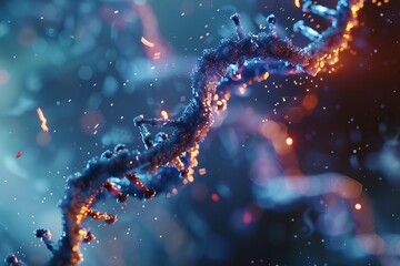 Close-up of a CRISPR molecule interacting with a DNA strand, showcasing the detailed molecular structure and the precise cut in the DNA