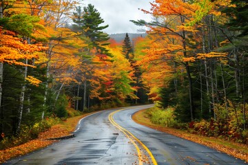 Obraz premium A road with trees on both sides and a yellow line. The road is wet and the leaves are falling