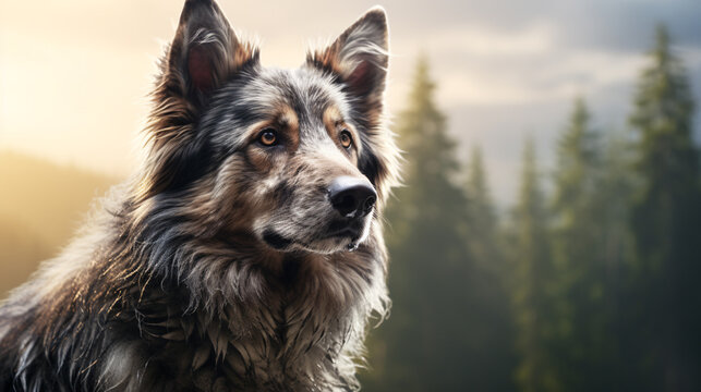 Faithful canine companion stands guard in the great outdoors, a loyal friend amidst the beauty of nature's landscape.