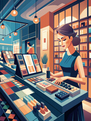 A woman is sitting at a makeup counter with a large palette of makeup in front of her. She is wearing a pink dress and has her hand on the palette. The image has a vibrant and colorful feel to it