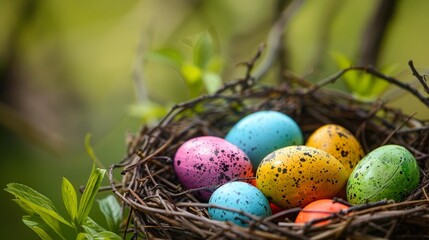 Obraz premium Warbler nest showcasing tiny, brightly colored eggs in a natural setting