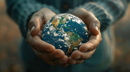 Fototapeta premium In a powerful symbol of care and responsibility, a pair of hands cradle the Earth, our precious planet, with reverence and compassion.