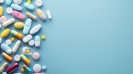 Colorful pills and capsules on bright blue background