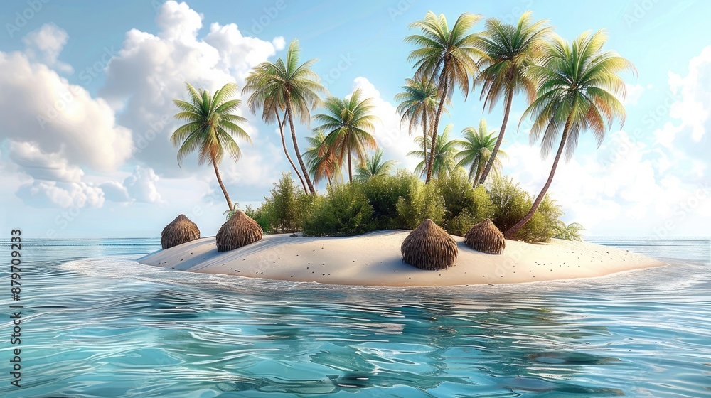 Poster tropical island with beach umbrella and coconut on a transparent background. generative ai.