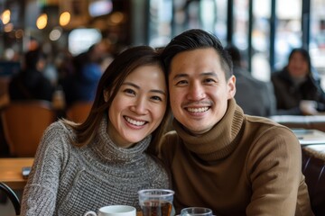 Portrait of a happy asian couple in their 30s wearing a classic turtleneck sweater isolated in bustling city cafe