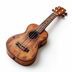 Fototapeta premium Rustic Wooden Ukulele on White Background with Detailed Texture and Strings