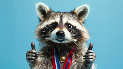 Obraz premium cute raccoon wearing medals and giving thumb up 