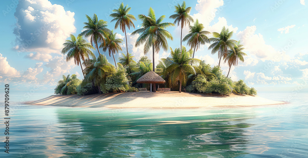 Poster tropical island with beach umbrella and coconut on a transparent background. generative ai.