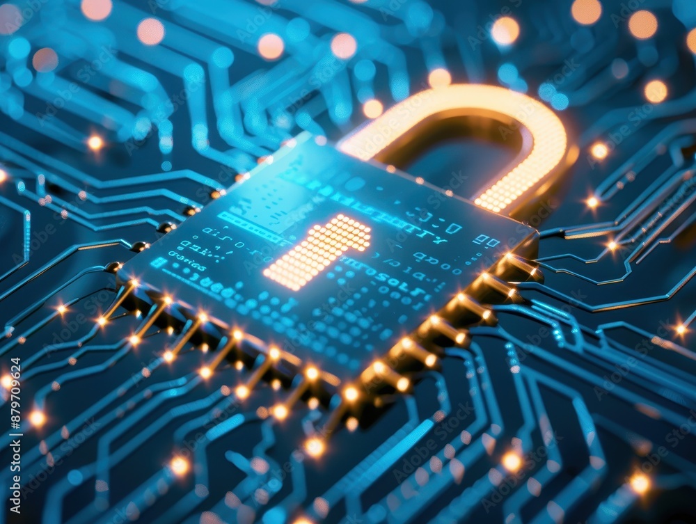 Poster a glowing lock icon integrated into a blue circuit board symbolizes cybersecurity and data protectio